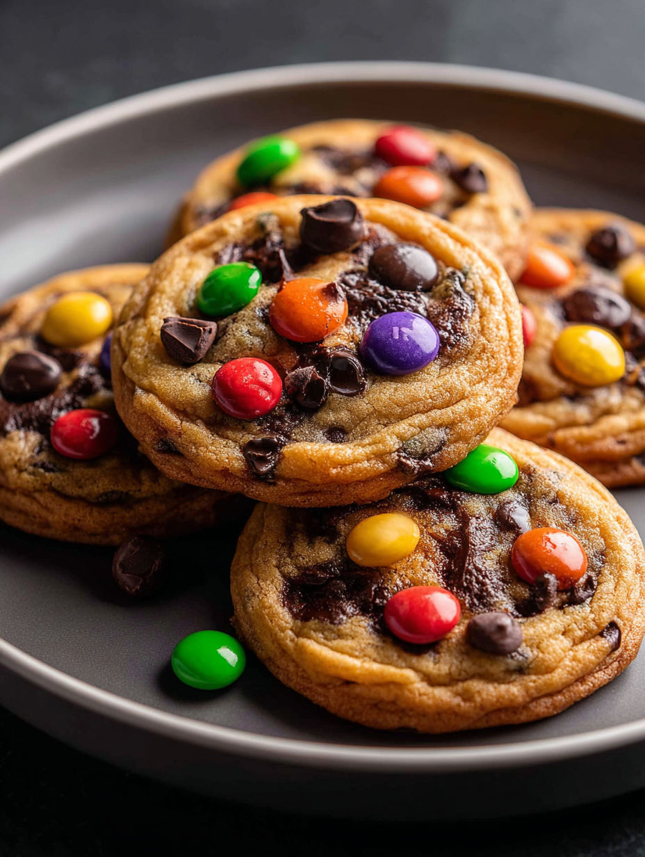 Assiette de cookies aux pépites de chocolat avec bonbons colorés dessus.
