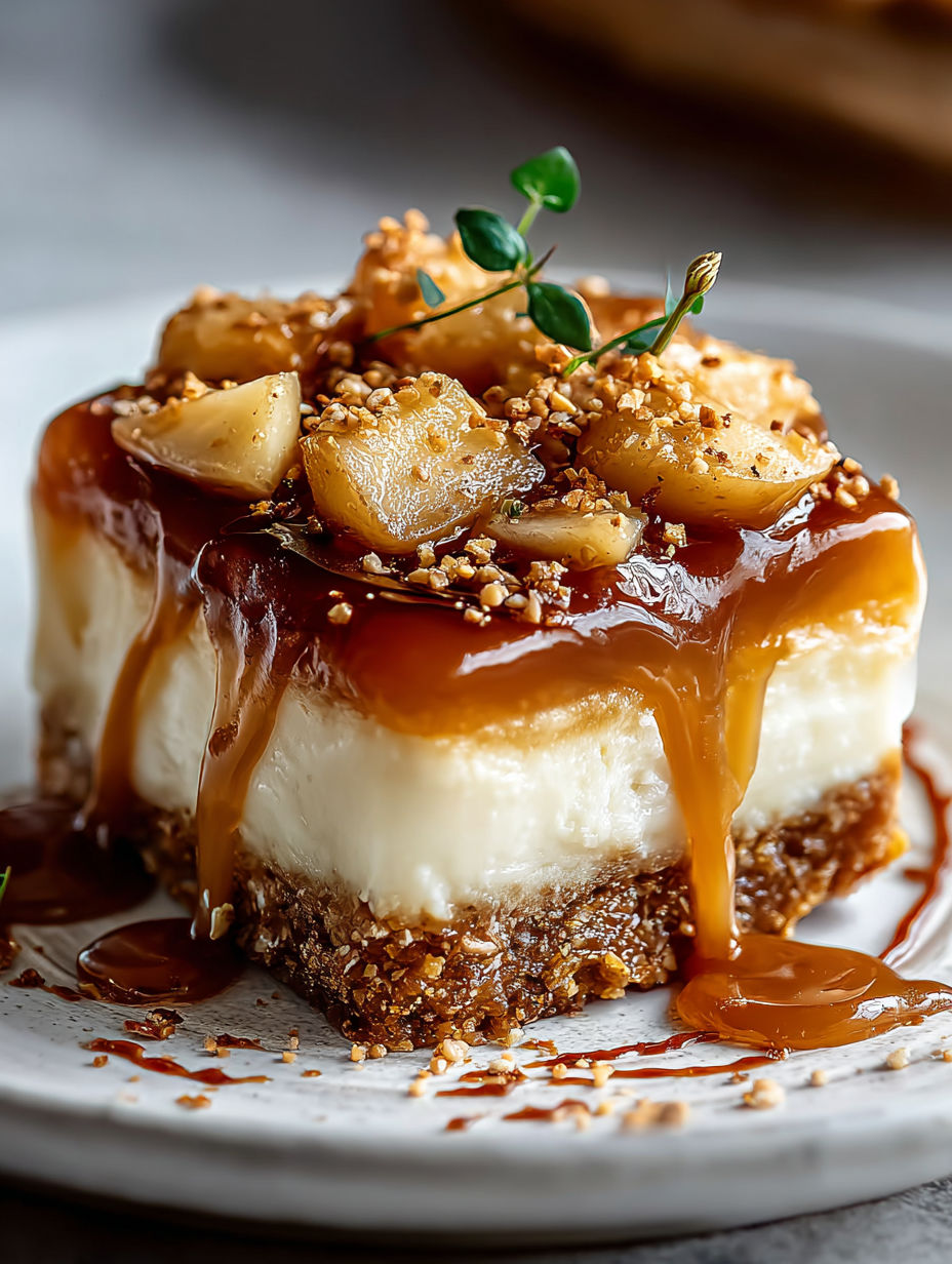Une part de tarte aux pommes au caramel salé et cheesecake.