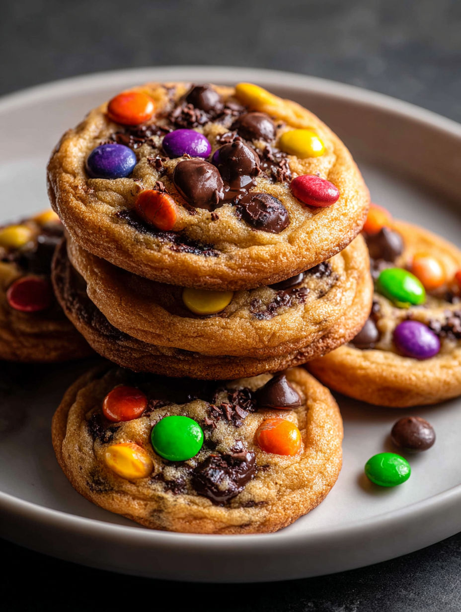 Assiette de cookies garnis de pépites et de bonbons multicolores.