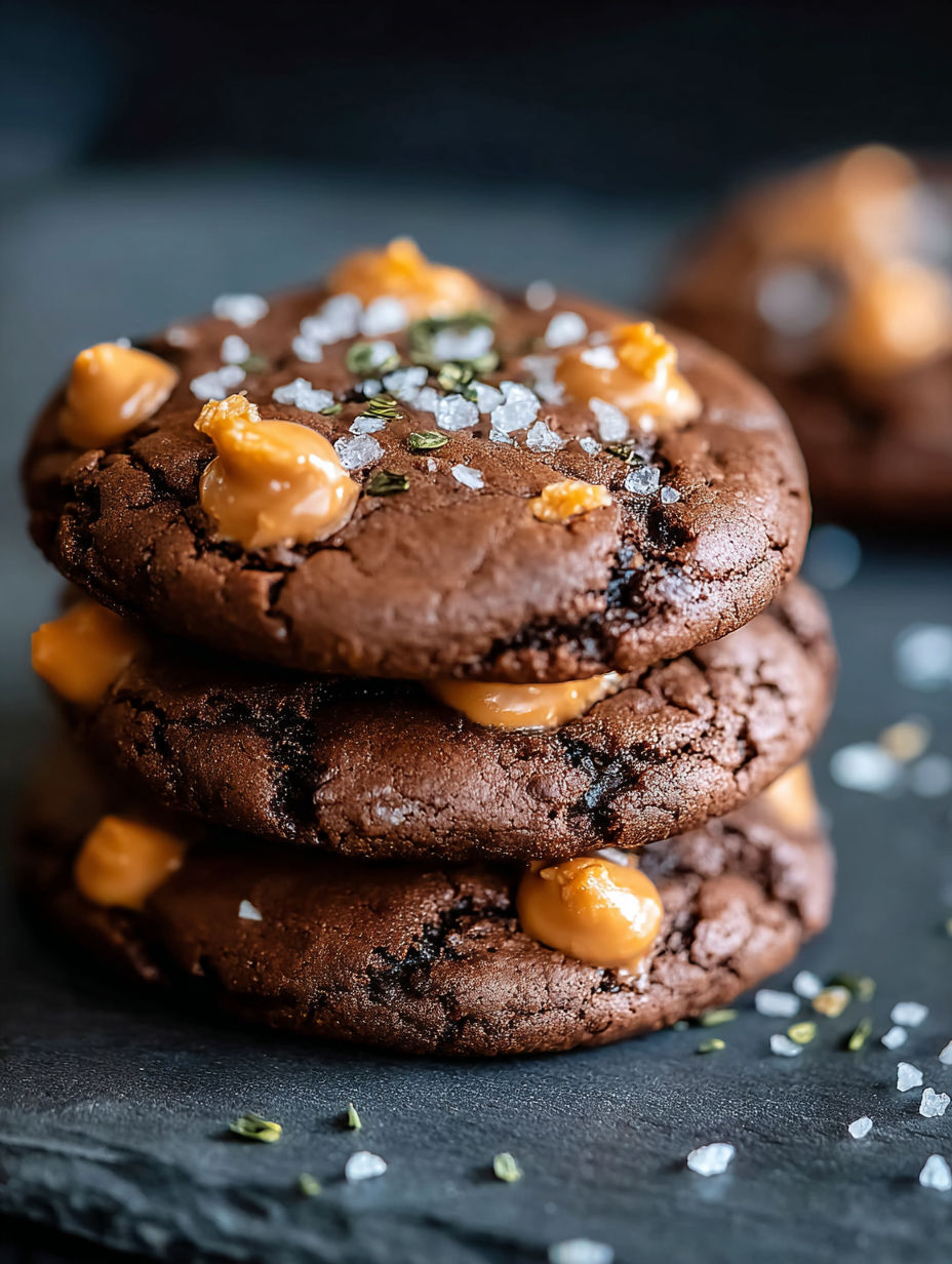 Trois cookies empilés chocolat avec beurre de cacahuète et sel.