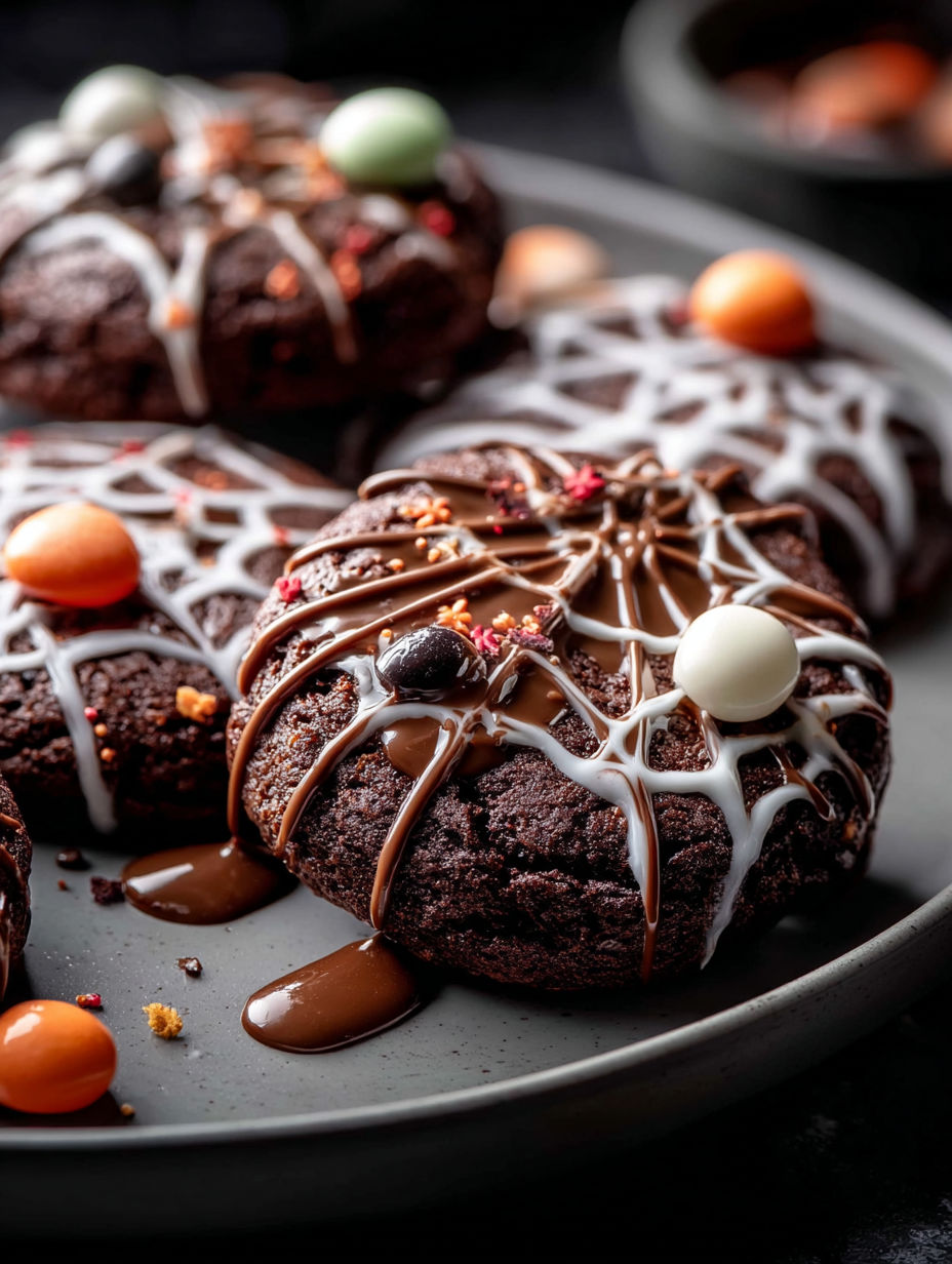 Biscuits au chocolat avec glaçage blanc et bonbons orange.