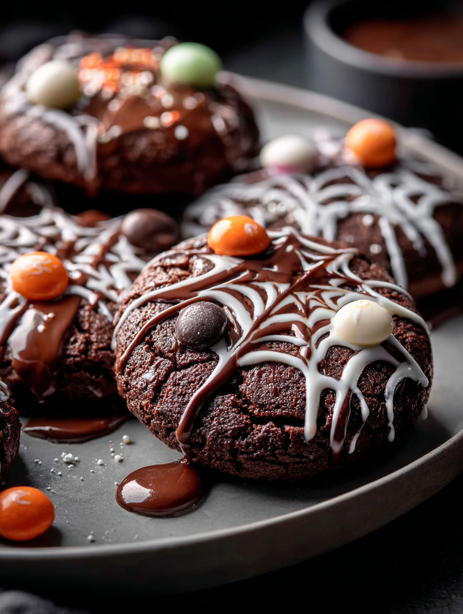 Biscuits au chocolat en toile d'araignée décorés en blanc et orange.
