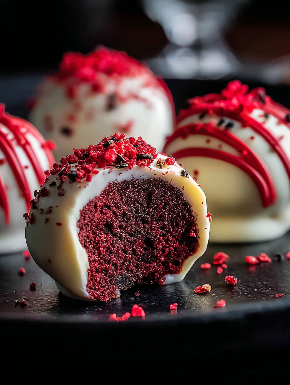 Cake pops velvet rouge sur une assiette noire.