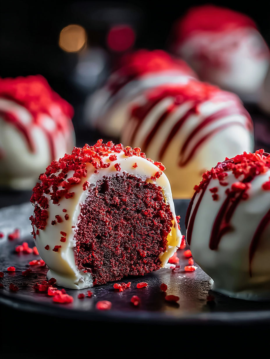 Cake pops velours rouge sur une assiette noire.