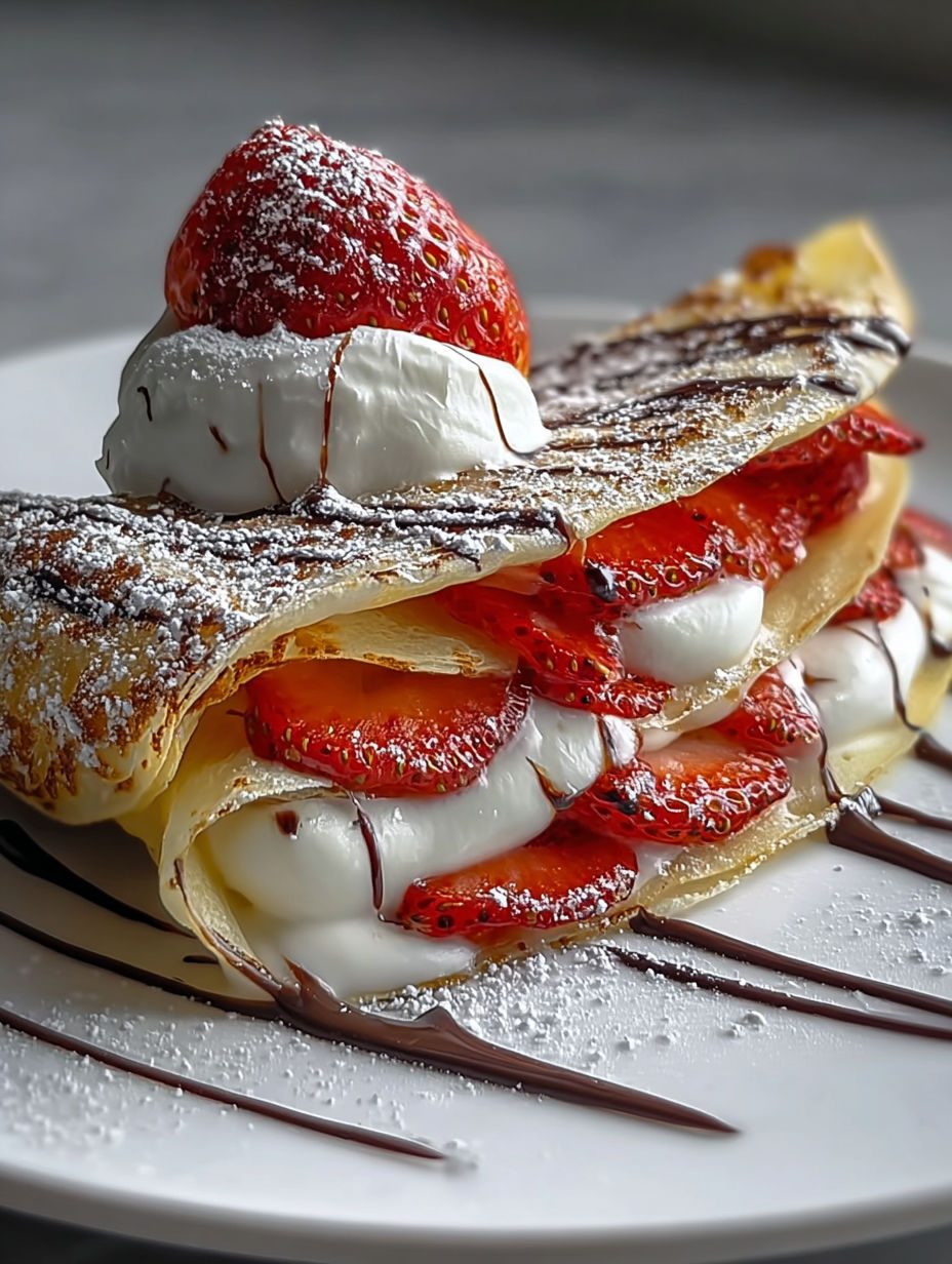 Une crêpe crémeuse aux fraises avec chantilly et filet de chocolat.