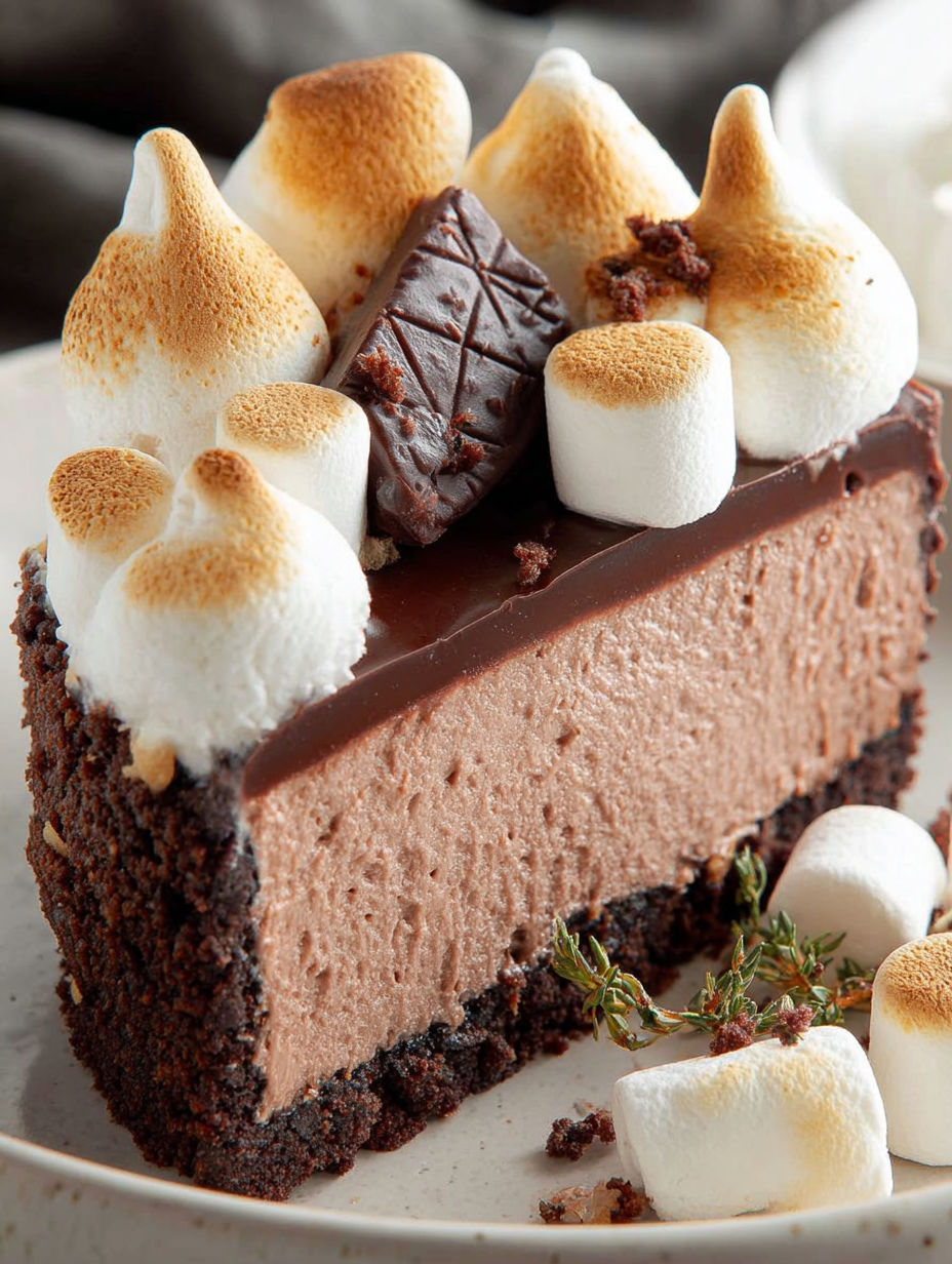 Une part de cheesecake au chocolat avec des guimauves dessus.