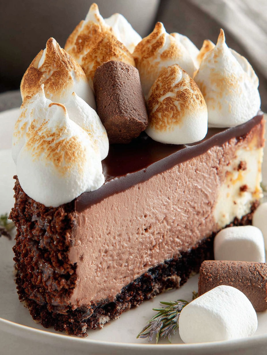 Une tranche de cheesecake au chocolat avec des guimauves dessus.