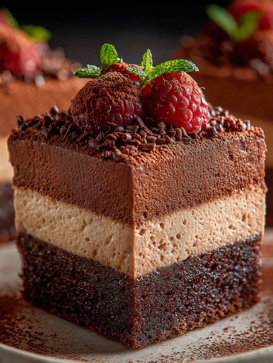 Une part de brownie avec mousse au chocolat.