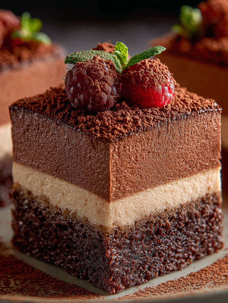 Une part de brownie avec mousse au chocolat.