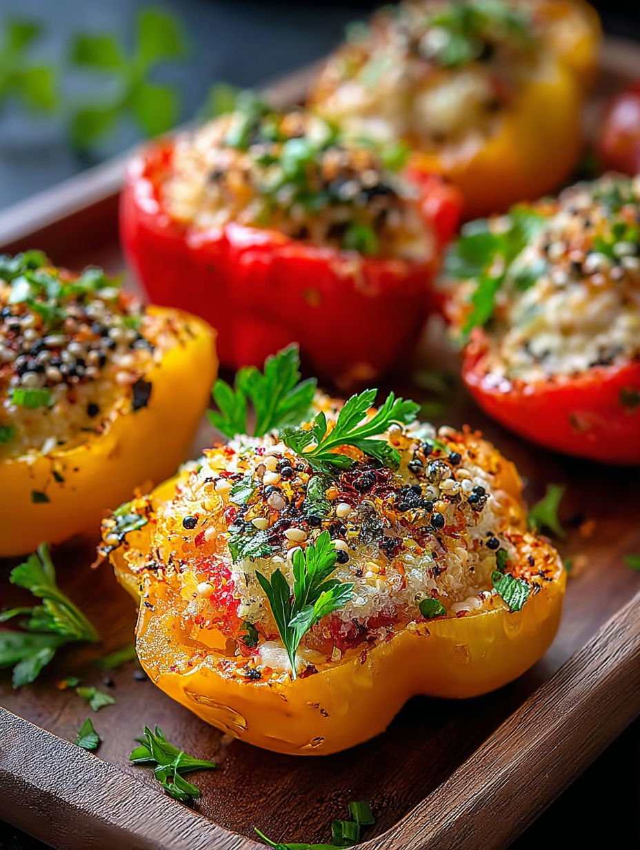 Poivrons farcis sur planche en bois.