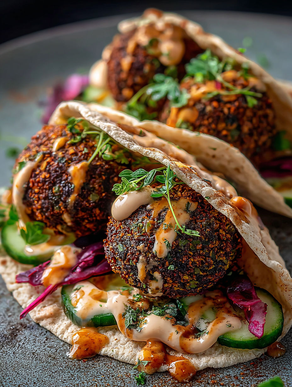 Petits wraps falafel avec sauce et légumes.