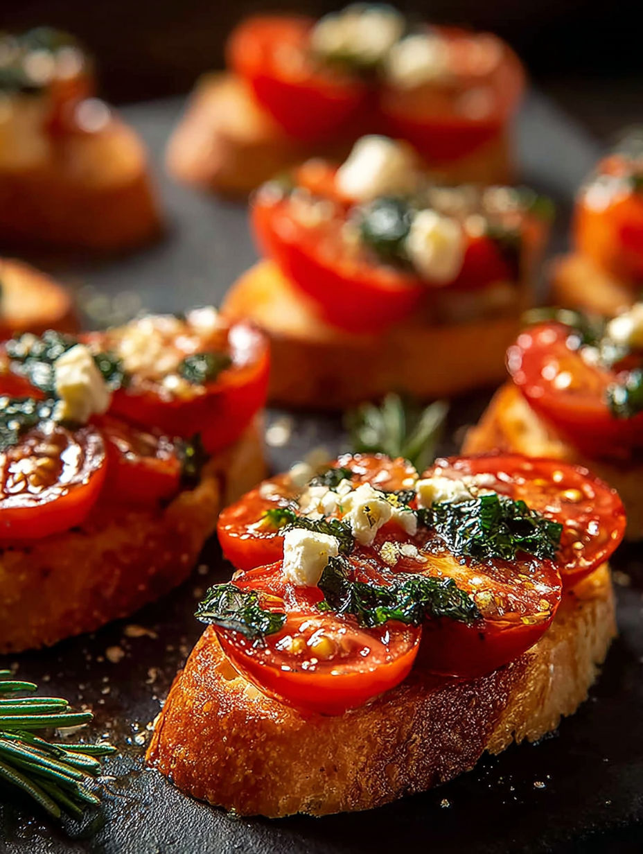 Une assiette de crostinis avec tomates et basilic.