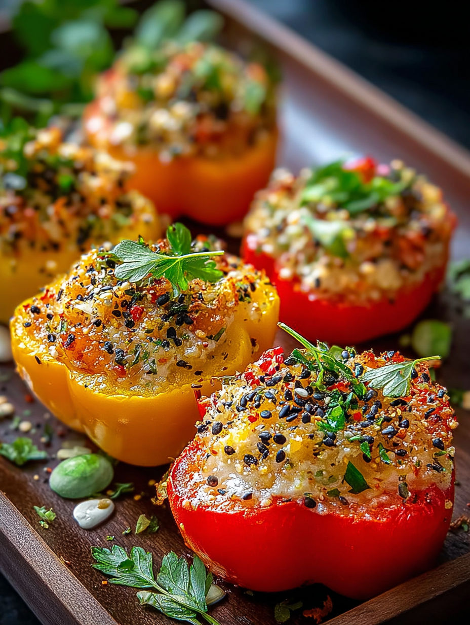 Quatre minis poivrons farcis sur une planche en bois.
