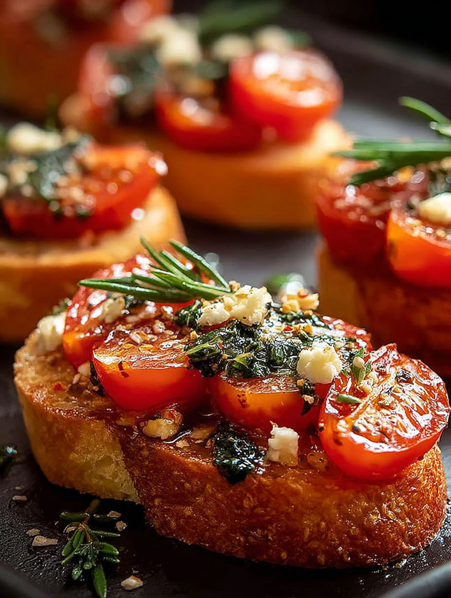 Une assiette de crostinis avec tomates et basilic.