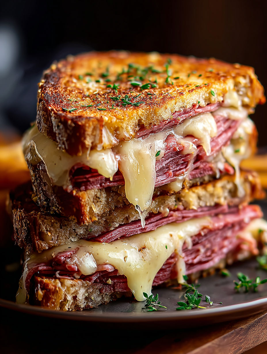 Une pile de trois sandwiches Reuben.