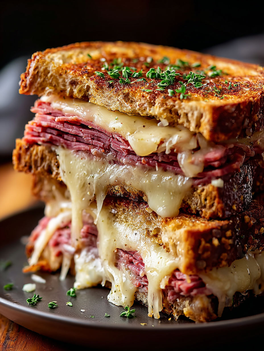 Une pile de trois sandwichs Reuben.