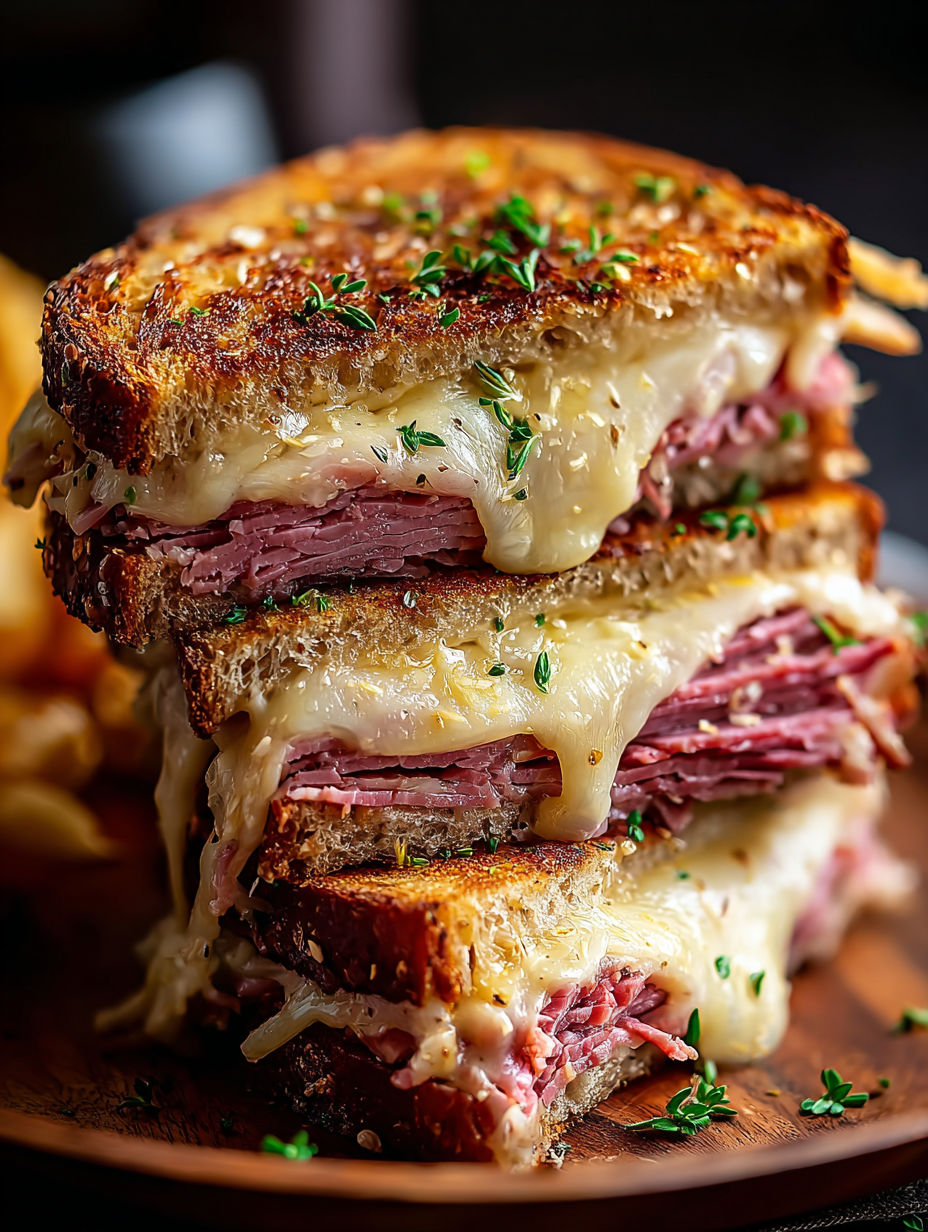 Une pile de trois sandwichs Reuben.