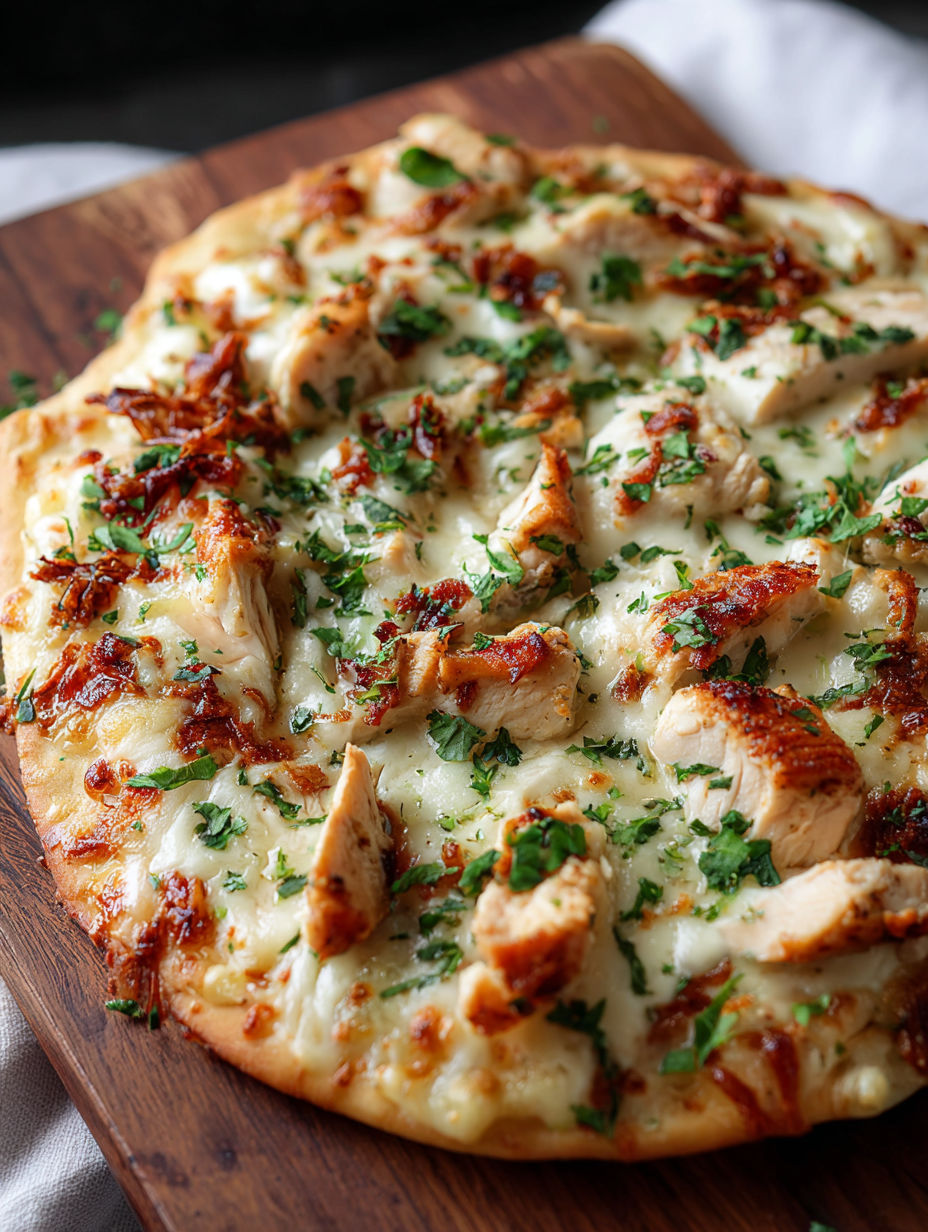 Un pain plat garni de poulet et fromage.