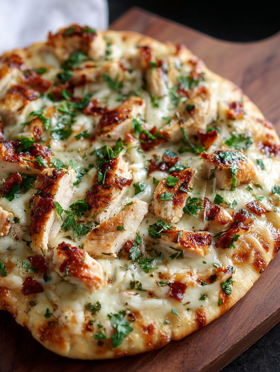 Une pizza garnie de poulet et fromage.