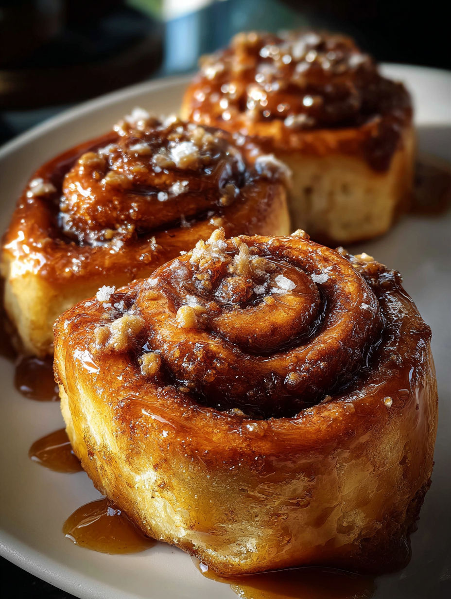 Trois roulés moelleux café cannelle sur une assiette.