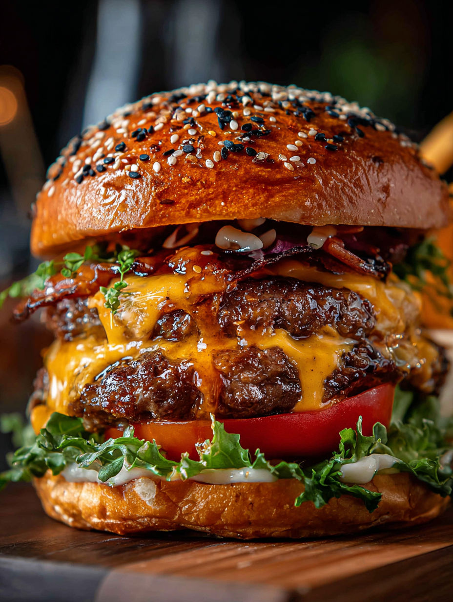 Photo rapprochée d'un burger avec bacon, laitue, tomate et fromage.