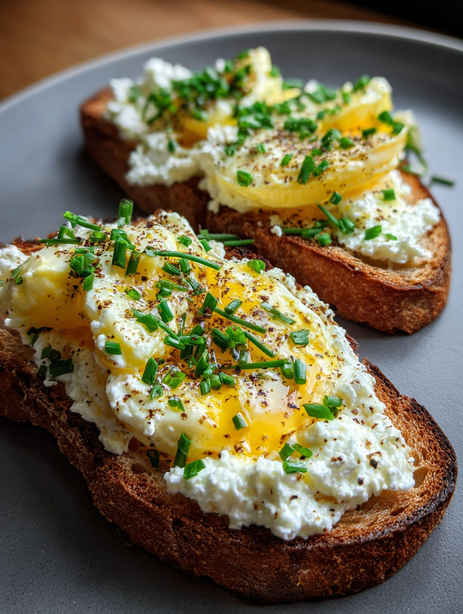 Deux tranches de pain toastées avec ricotta et œufs dessus.
