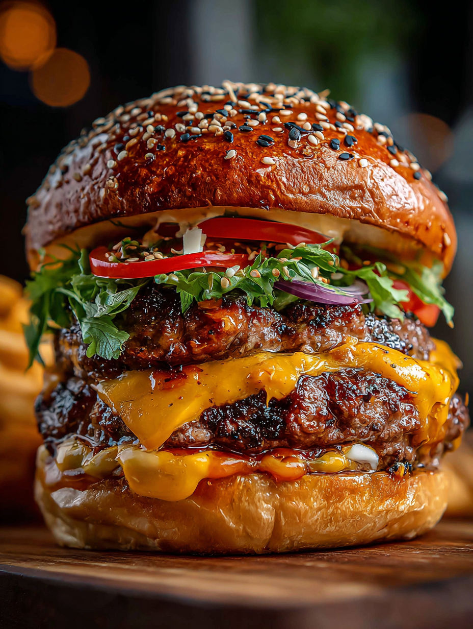Gros plan sur un burger avec laitue, tomate et fromage.