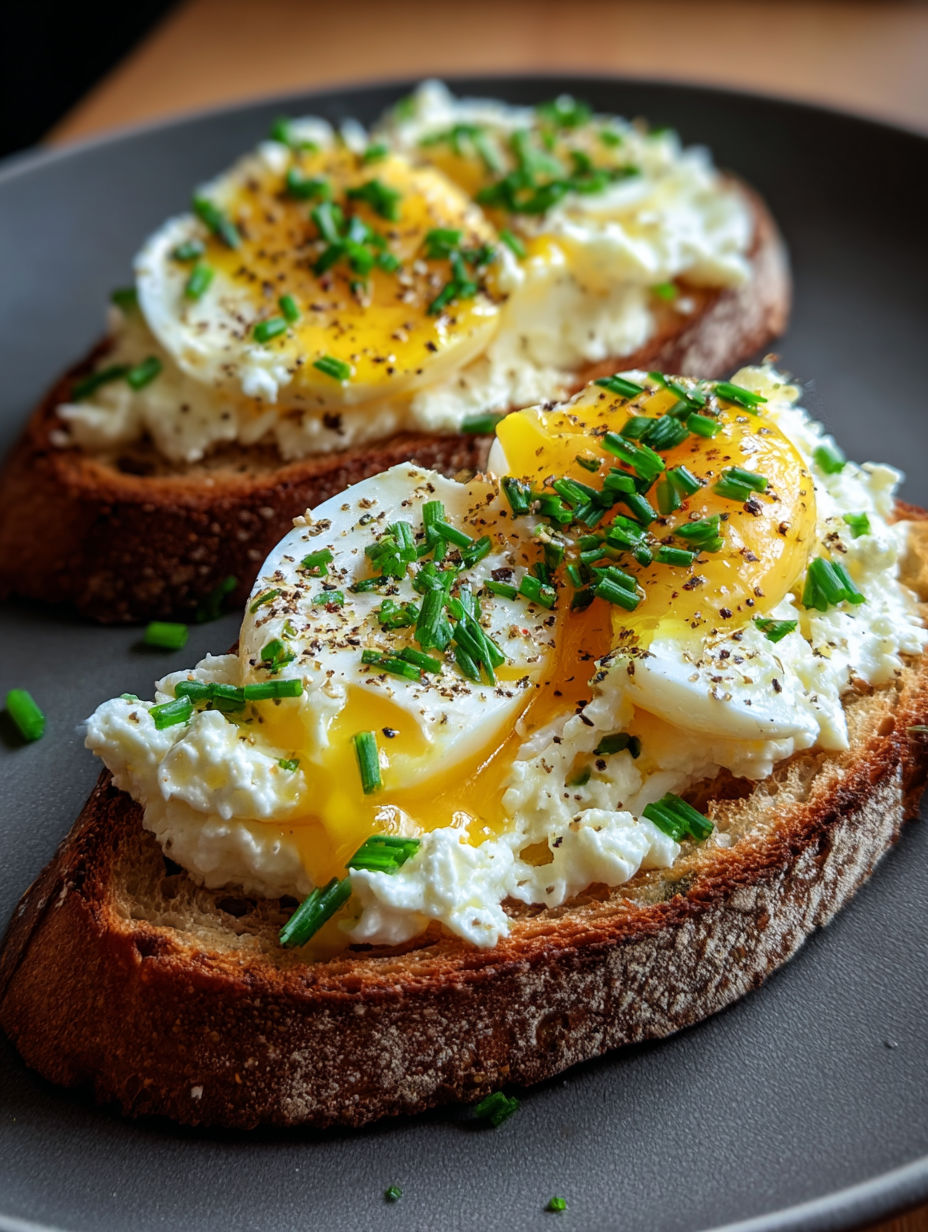 Deux tranches de pain grillé avec œufs et fromage.
