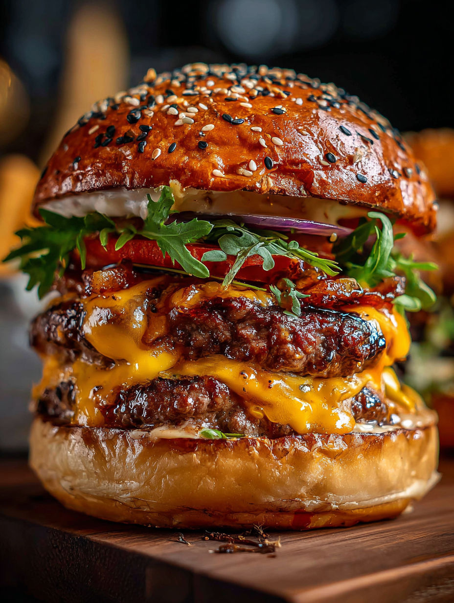 Un gros burger avec salade, tomate et fromage.