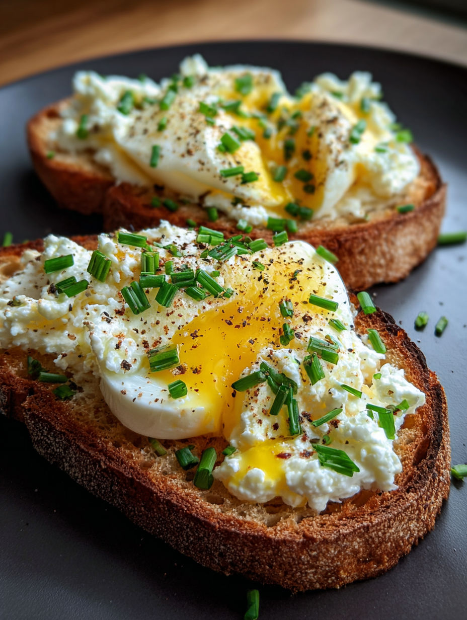 Deux tranches de pain avec ricotta et œufs dessus.