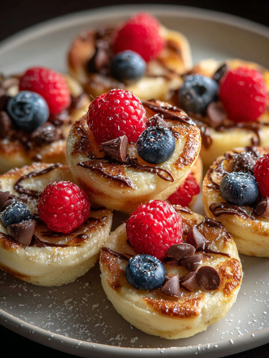 Une assiette de bouchées pancakes avec framboises et chocolat.