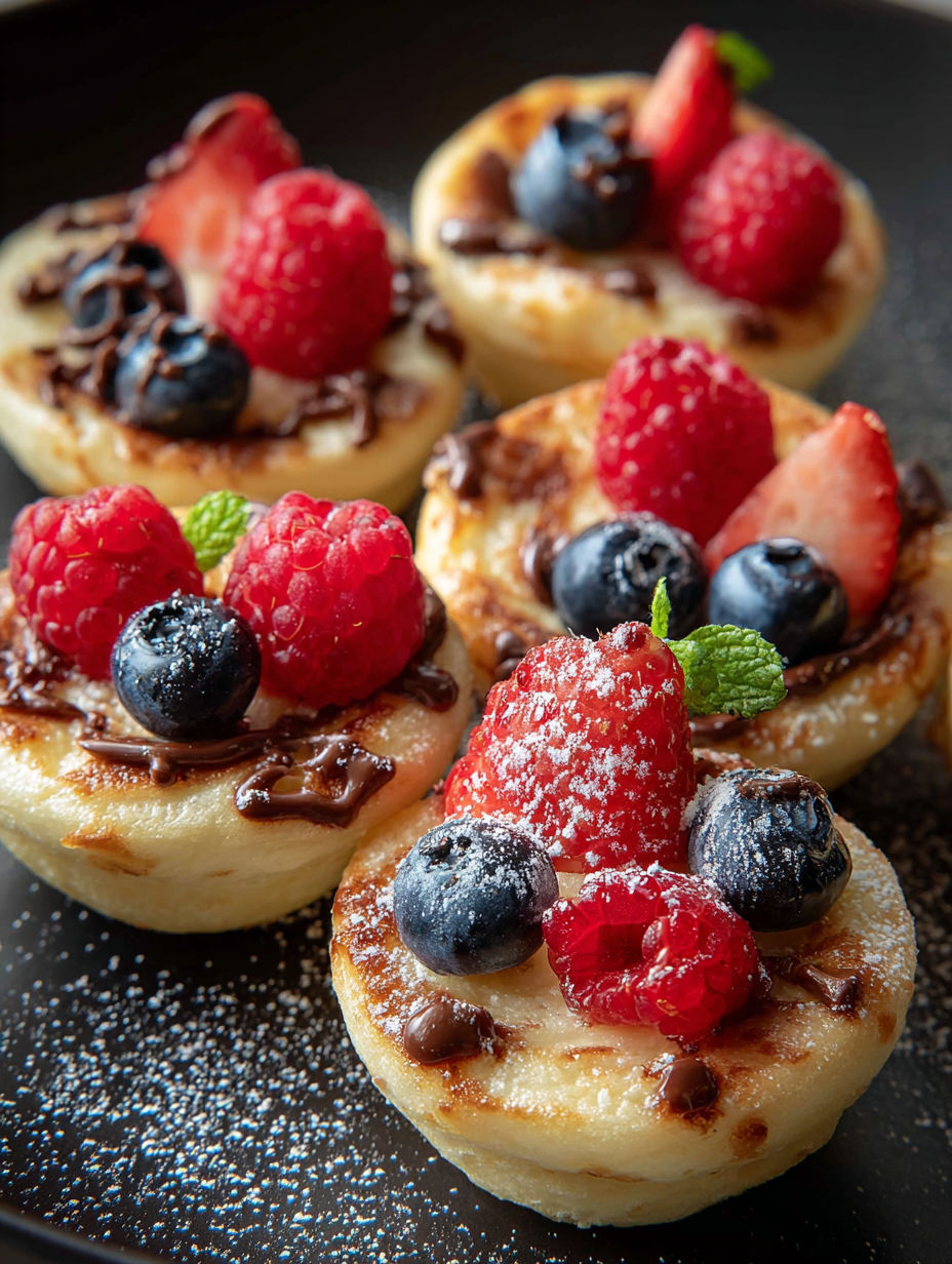 Un dessert avec des framboises et des myrtilles.