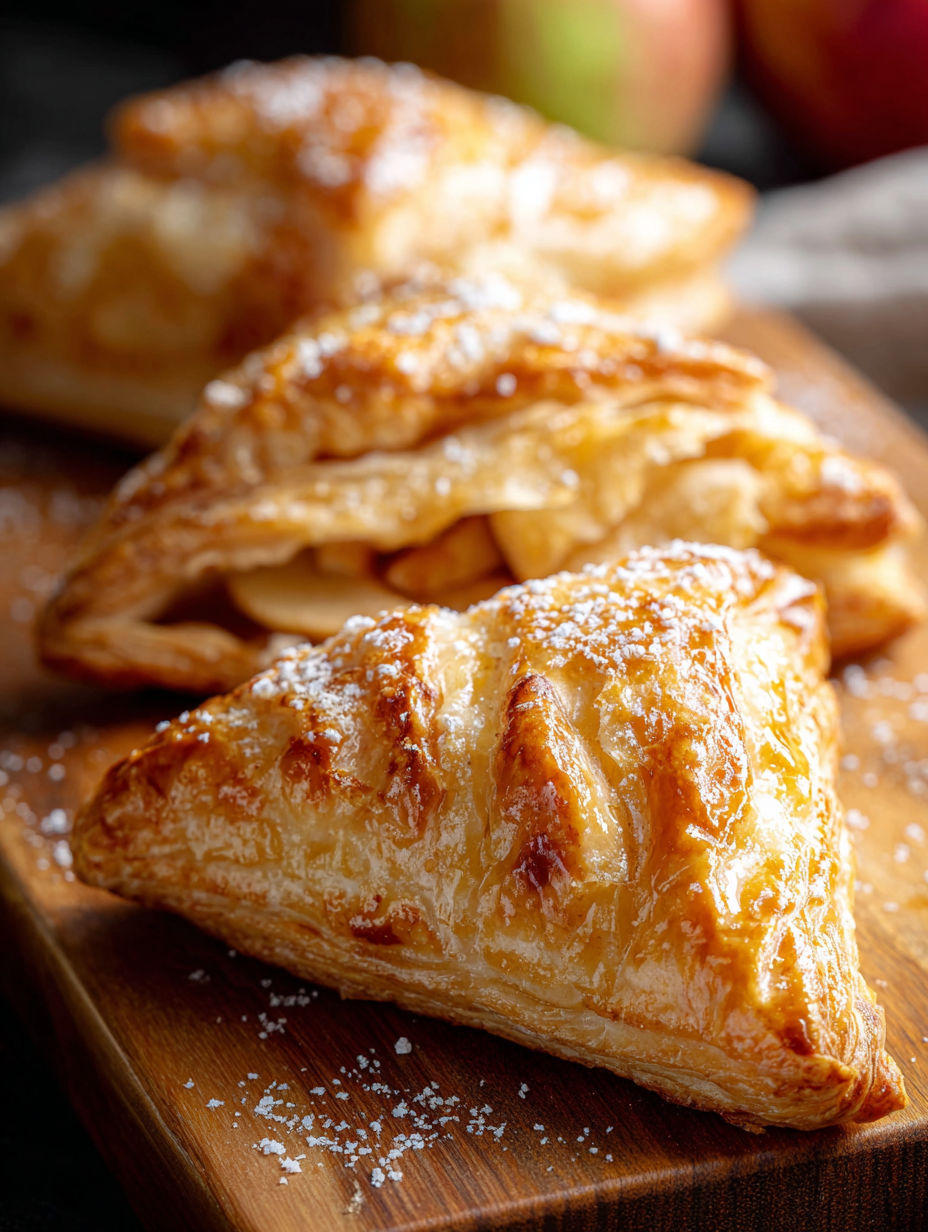 Trois chaussons aux pommes saupoudrés de sucre glace sur une table en bois.