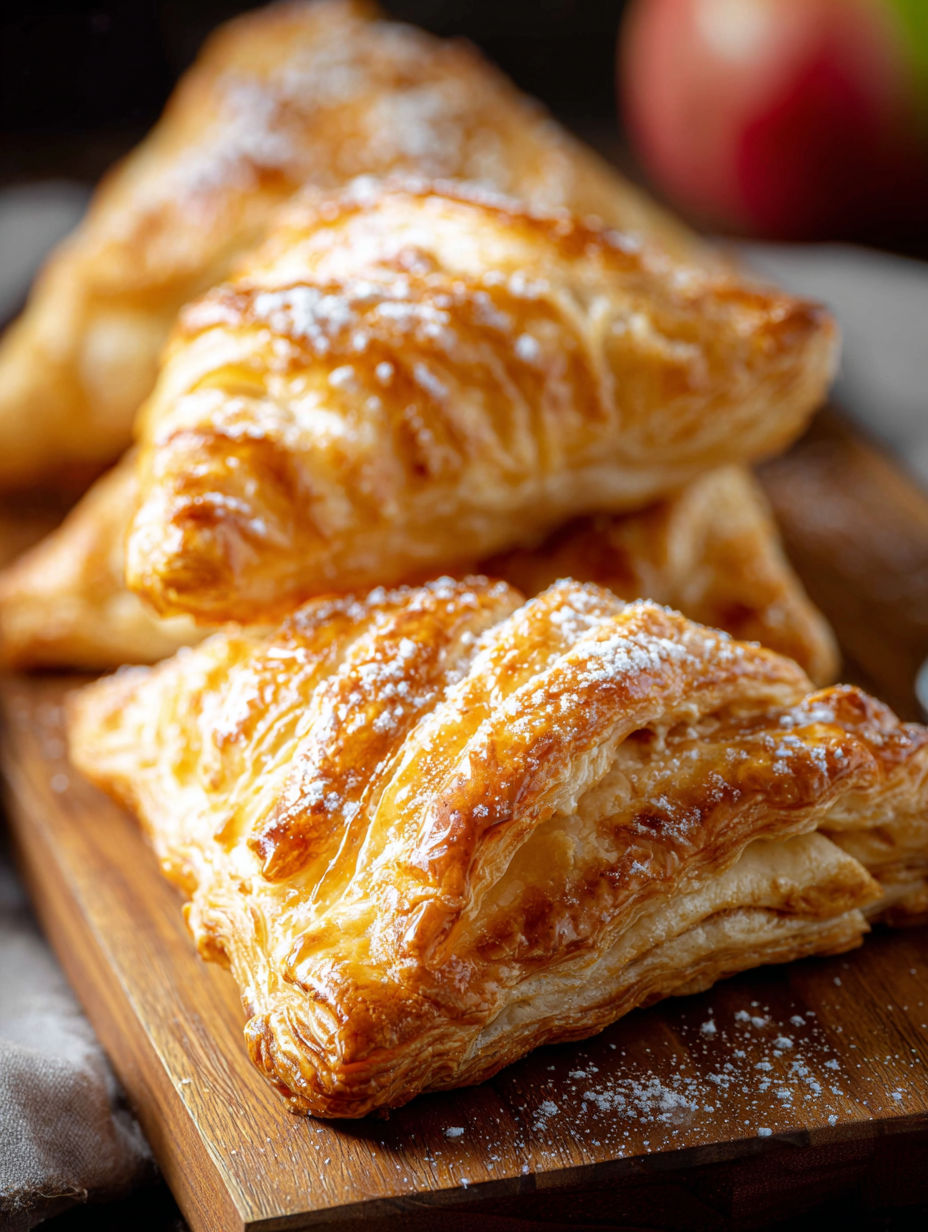 Chaussons aux pommes en pâte feuilletée sur une table en bois.