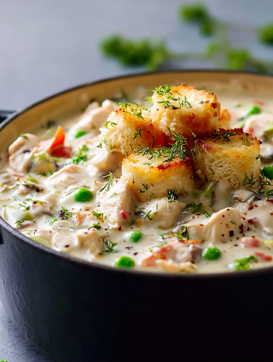 Un bol de chicken a la king avec des croûtons de pain.