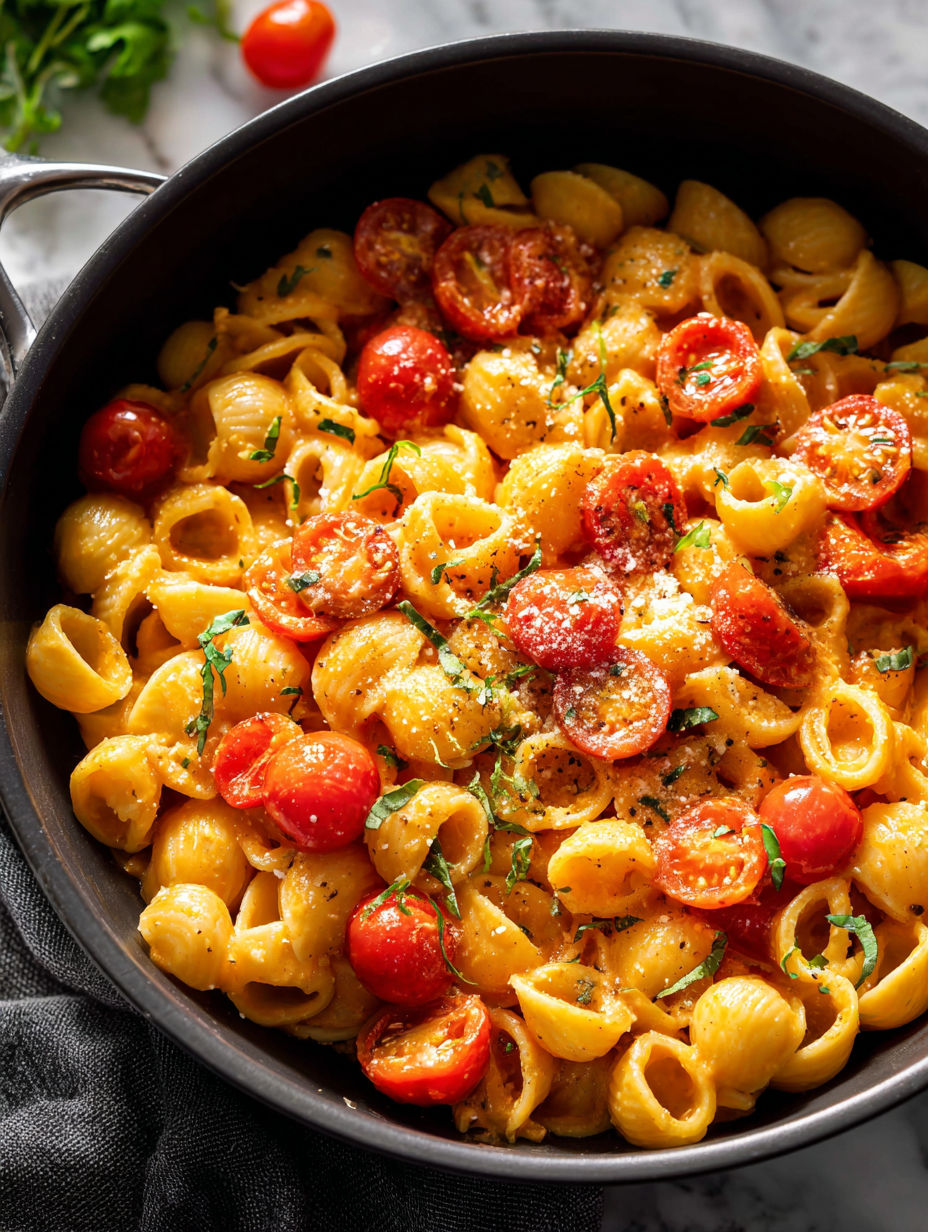 Un bol de pâtes avec tomates et fromage.