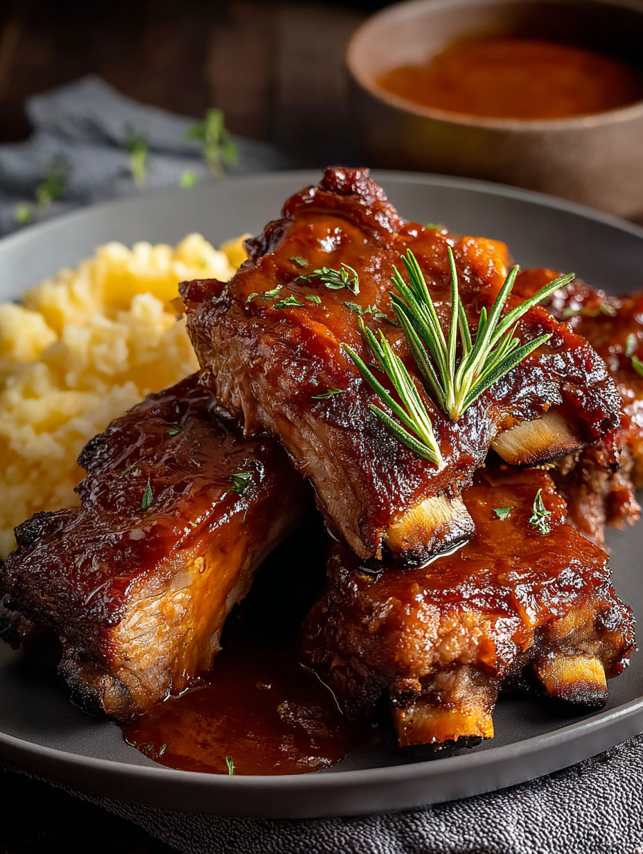 Une assiette de côtes avec une cuillerée de sauce dessus.