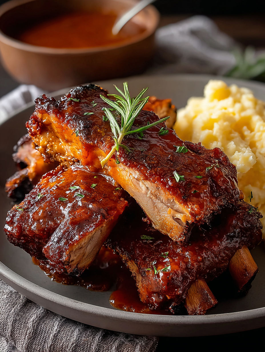 Une assiette de ribs avec un brin de persil sur le dessus.