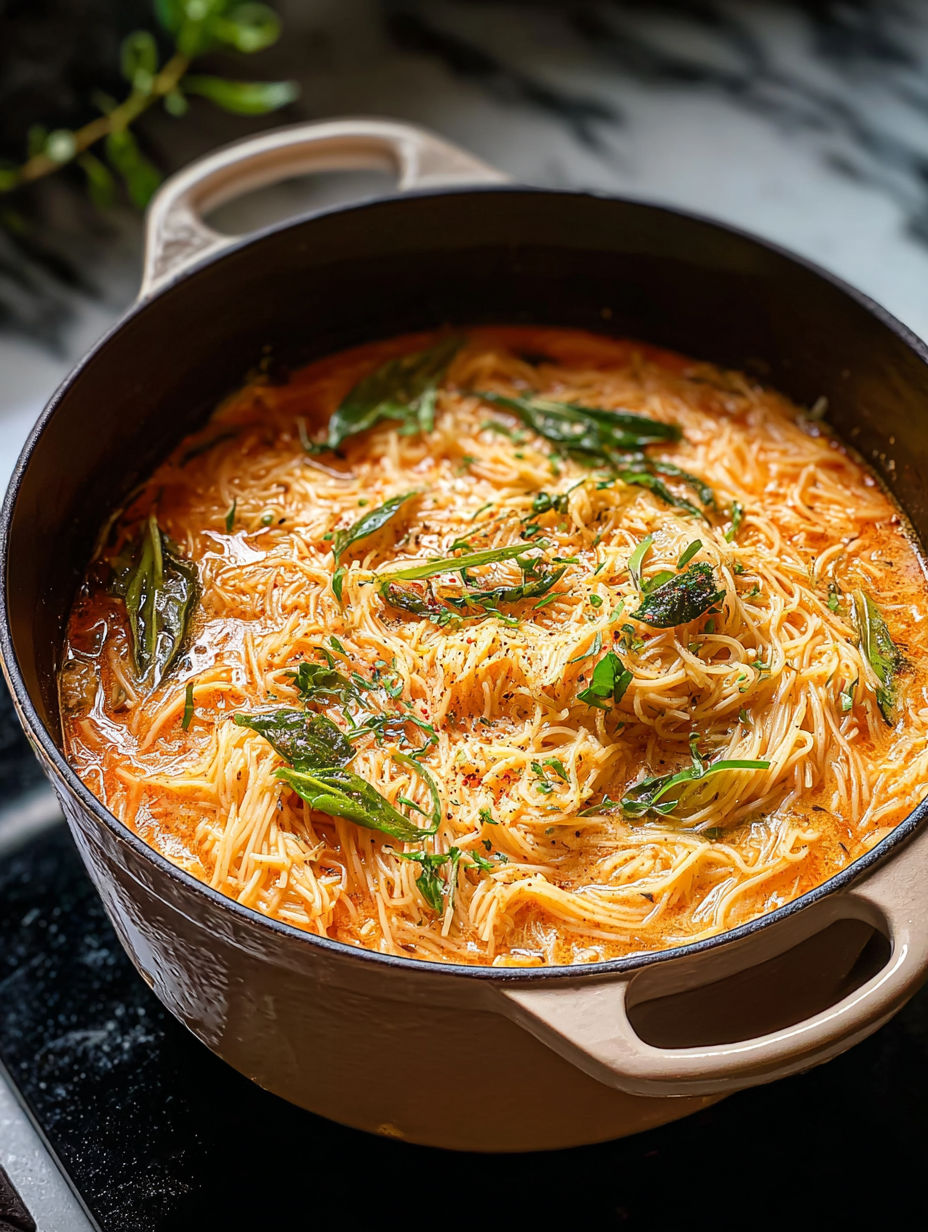 Une casserole de soupe avec des nouilles et légumes.
