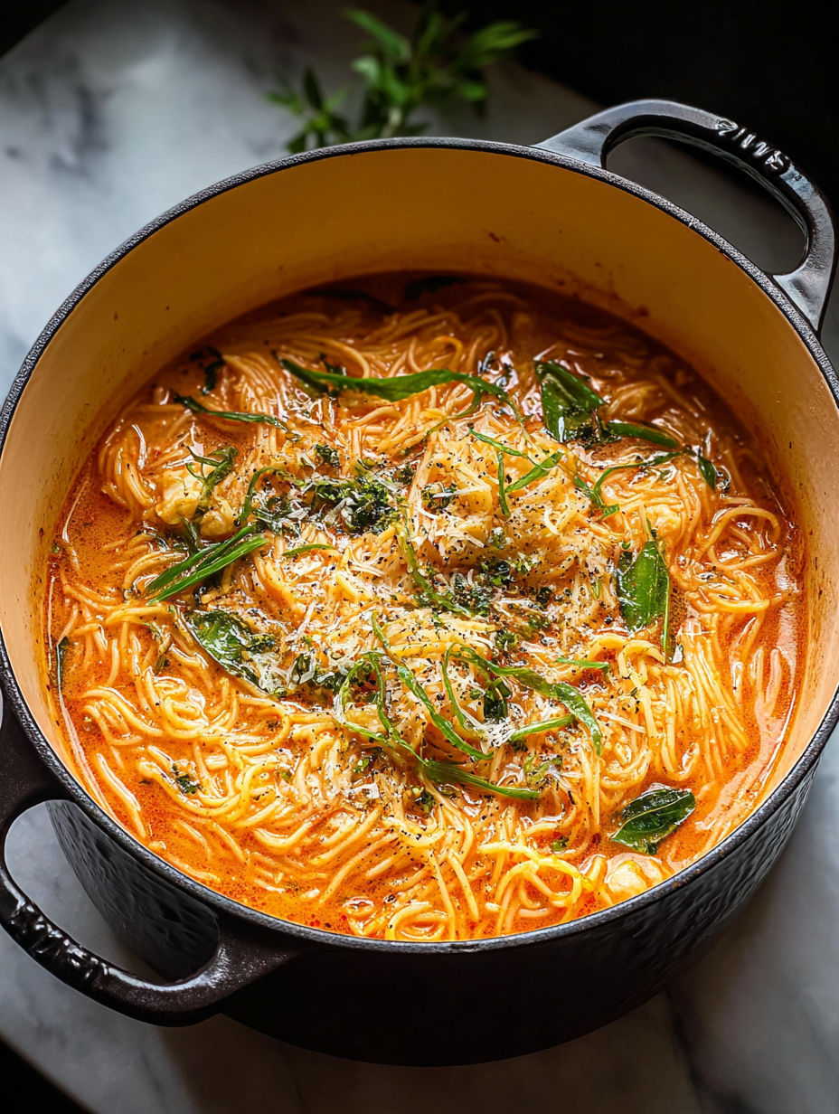 Une casserole de soupe avec nouilles et légumes.