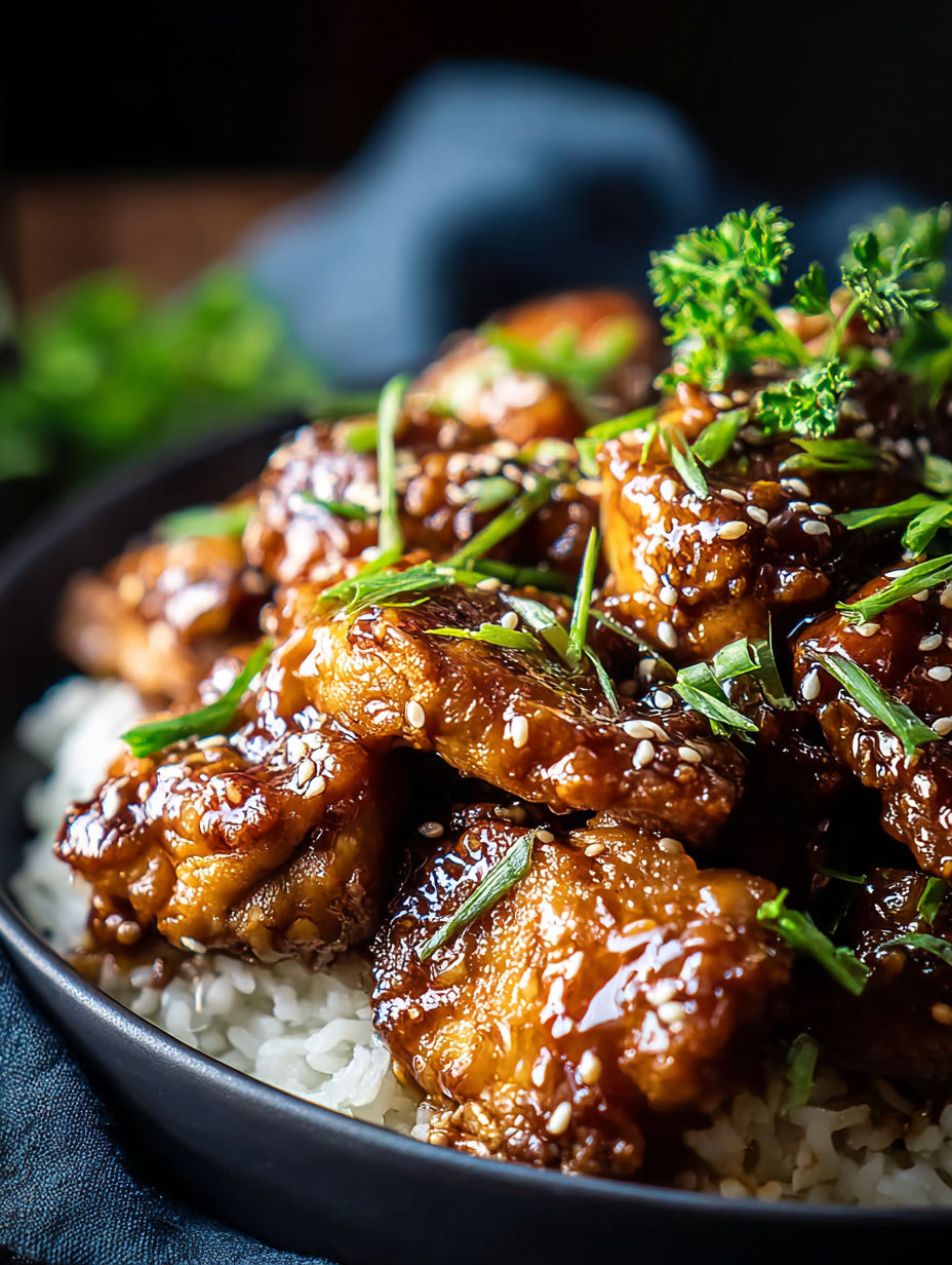 Un bol avec des cuisses de poulet, du riz et des herbes.