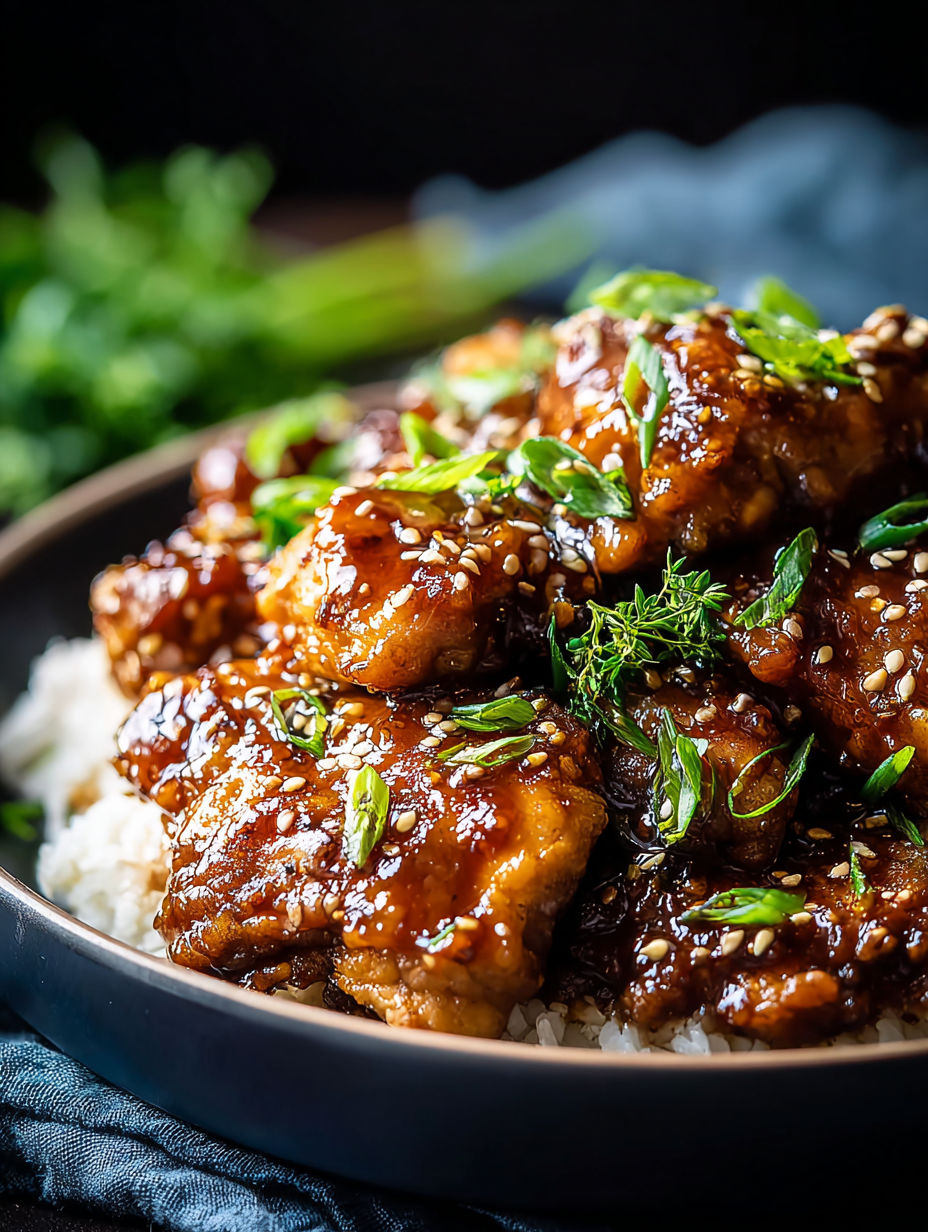 Un plat de cuisses de poulet avec riz et herbes.
