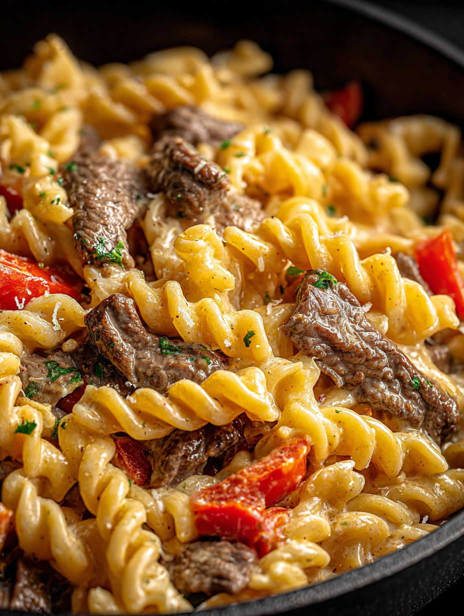 Gros plan sur un plat appétissant de pâtes Philly cheesesteak.