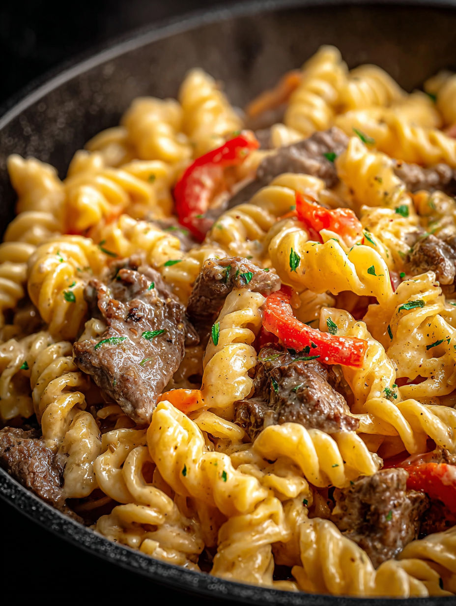 Gros plan sur de délicieuses pâtes Philly Cheesesteak.