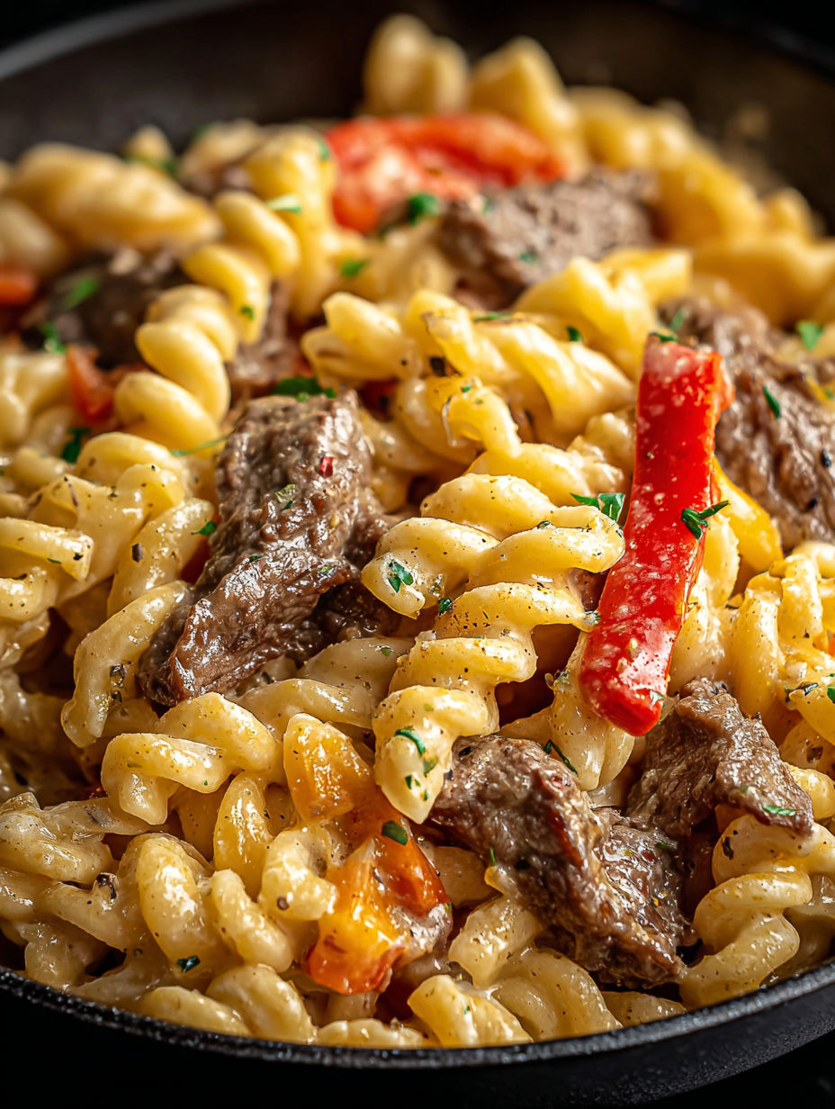 Gros plan sur de délicieuses pâtes Philly Cheesesteak.