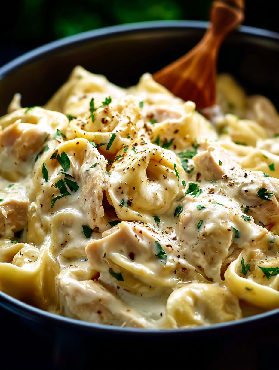 Un bol de pâtes avec du poulet et du fromage.
