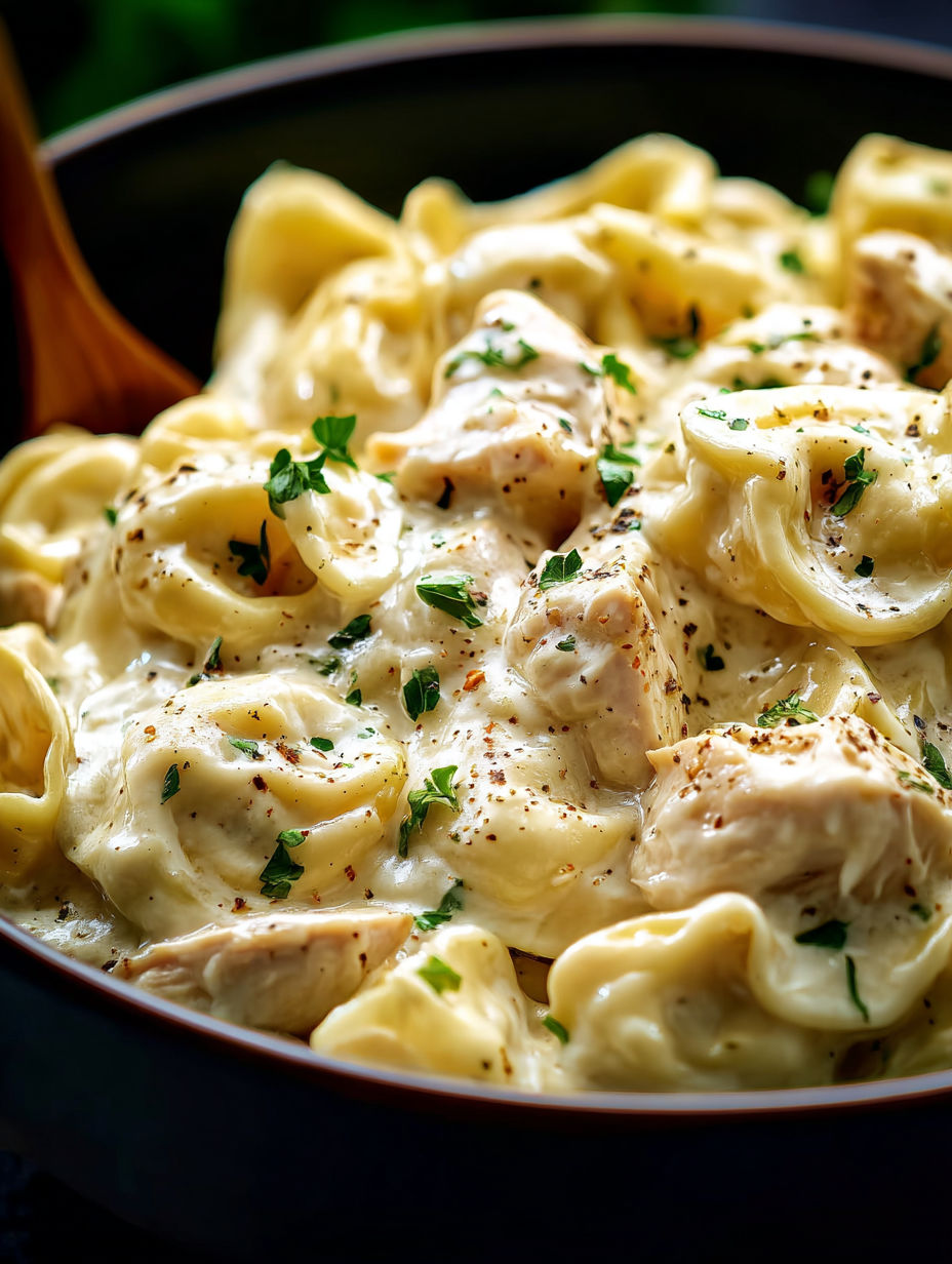 Un bol de tortellini au poulet Alfredo.