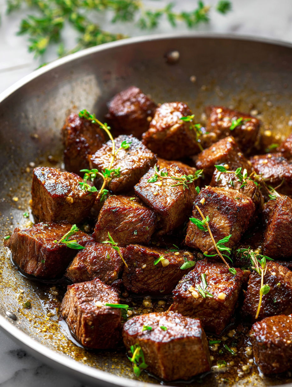 Un plat de bouchées de steak avec herbes et épices.