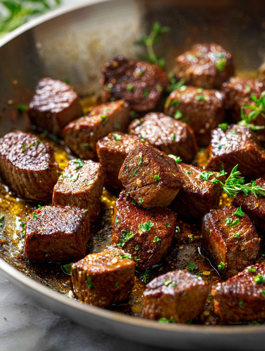 Une poêle pleine de bouchées de steak.
