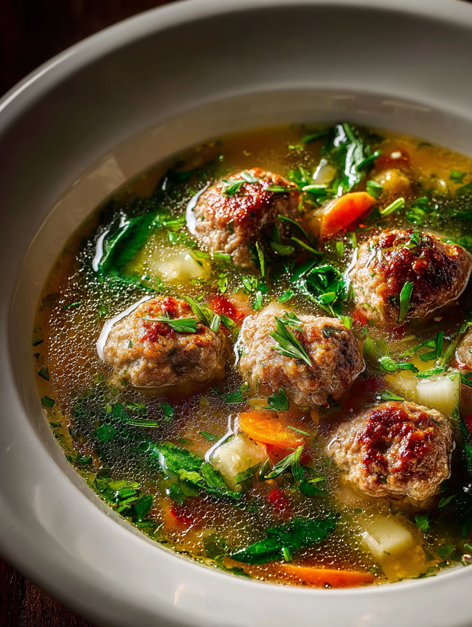 Un bol de soupe avec des boulettes et des légumes verts.